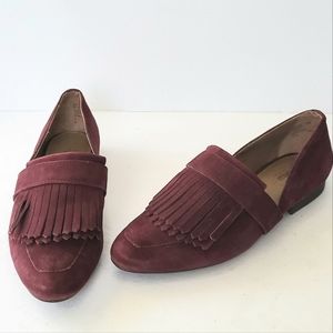 G.H. BASS "HARLOW" WINE SUEDE FRINGED LOAFERS